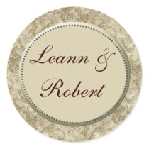 Cream and tan damask wedding stickers -