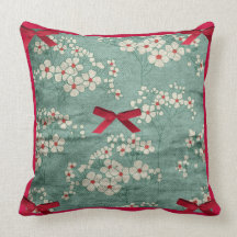 Cream Flowers & Red Bows & Green  American MoJo Pi Throw Pillow