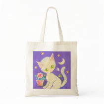 Cream Kitty Cat With Flower Pot, Moon & Stars Tote Bags
