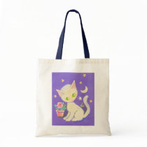 Cream Kitty Cat With Flower Pot, Moon & Stars Canvas Bag