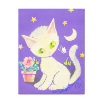 Cream Kitty Cat With Flower Pot, Moon & Stars Stretched Canvas Prints