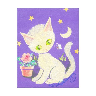 Cream Kitty Cat With Flower Pot, Moon & Stars Stretched Canvas Prints by ArtsyKidsy