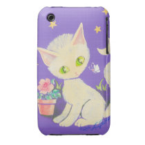 Cream Kitty Cat With Flower Pot, Moon & Stars Iphone 3 Cases