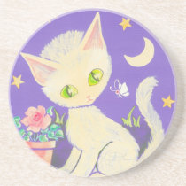 Cream Kitty Cat With Flower Pot, Moon & Stars Drink Coasters