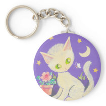 Cream Kitty Cat With Flower Pot, Moon & Stars Keychain