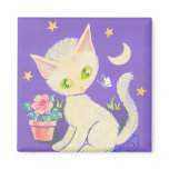 Cream Kitty Cat With Flower Pot, Moon & Stars Fridge Magnets