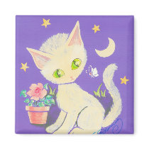 Cream Kitty Cat With Flower Pot, Moon & Stars Fridge Magnets