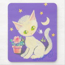 Cream Kitty Cat With Flower Pot, Moon & Stars Mouse Pads