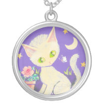 Cream Kitty Cat With Flower Pot, Moon & Stars Custom Necklace
