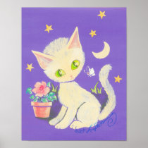 Cream Kitty Cat With Flower Pot, Moon & Stars Print