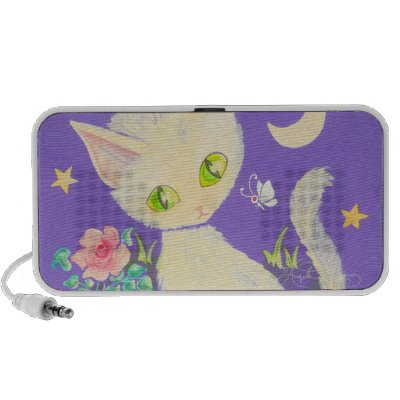 Cream Kitty Cat With Flower Pot, Moon & Stars Mini Speaker by ArtsyKidsy