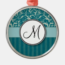 Cream on Teal Floral Wisps & Stripes with Monogram Christmas Ornaments