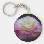 cream rose with pink edges round keychain