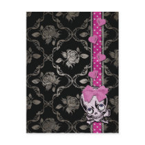 Creepy Girl Skull with Pink Bow on Black Damask Postcard