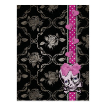Creepy Girl Skull with Pink Bow on Black Damask Postcard