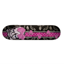 Creepy Girl Skull with Pink Bow on Black Damask Custom Skateboard