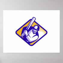 Cricket Player Batting Front Retro Woodcut Poster