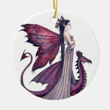 Crimson Dragon and Fairy Fantasy Art Christmas Ornaments