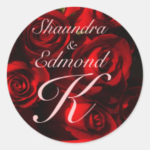 "Crimson Rose Bouquet" - Names/Initial [a] Round Sticker