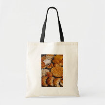 Croissants and platina bread with seafood salad an bags
