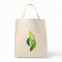 Croix bleue dans flamme verte tote bags