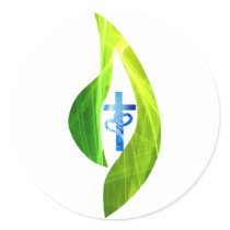 Croix bleue dans flamme verte round sticker