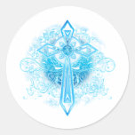Croix bleue de fleur adhésif rond
