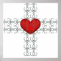 Croix métallique de Flourish avec le coeur rouge Posters