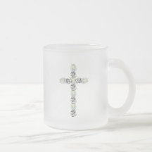 Cross of Silver and White Roses Mugs
