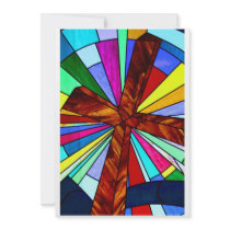 Cross stained glass detail photograph church personalized announcements