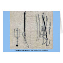 Crossbow with projectile and swords with scabbards greeting cards