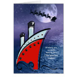 Cruise Ship - Boat at Sea + Santa flying over head Greeting Card