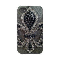 CRYSTAL FLEUR DE LIS ON LEATHER LOOK PRINT TOUGH IPHONE 4 CASES