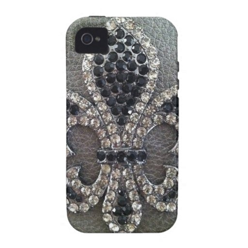CRYSTAL FLEUR DE LIS ON LEATHER LOOK PRINT iPhone 4/4S CASES