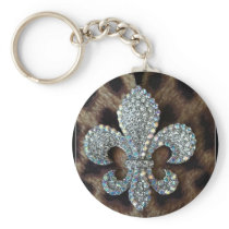 CRYSTAL FLEUR DE LIS ON LEOPARD BORDER PRINT KEYCHAIN