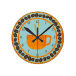 Cup O Coffee Orange and Teal Round Wallclocks