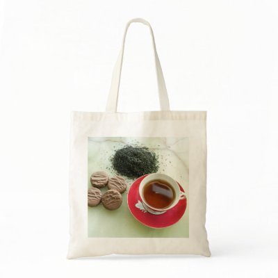 Cup of black tea with chocolate biscuits canvas bag by photoslot