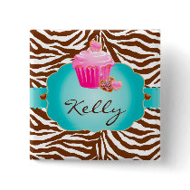 Cupcake Cookie Bakery Zebra Name Tag Button