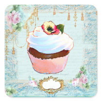 Cupcake & Pink Roses Lace Stickers Tags