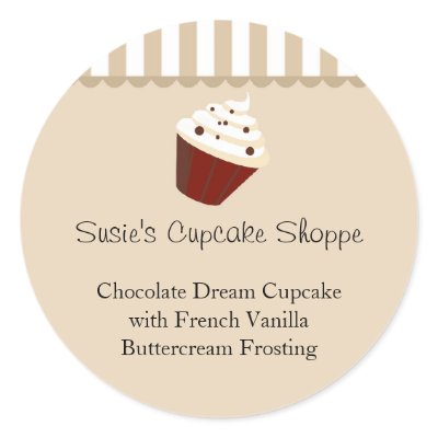 Cupcake Round Product Label, Soft Mocha Stripes Round Stickers by CustomInvites