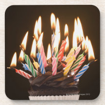 Cupcake with birthday candles beverage coaster