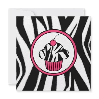 Cupcake with Cherry Invitation - Zebra Print /Pink by thepinkschoolhouse
