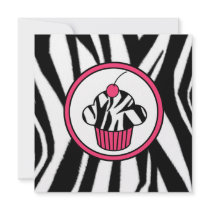 Cupcake with Cherry Invitation - Zebra Print /Pink