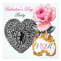 CUPID LACE HEART AND PINK ROSE VALENTINE MONOGRAM PERSONALIZED INVITE