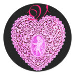 CUPID LACE HEART MONOGRAM ,pink Round Sticker