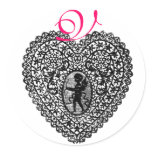 CUPID LACE HEART MONOGRAM ,pink Round Sticker