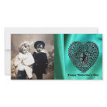 CUPID LACE HEART SILK GREEN BLUE CLOTH, Black Custom Photo Card