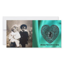 CUPID LACE HEART SILK GREEN BLUE CLOTH, Black Custom Photo Card
