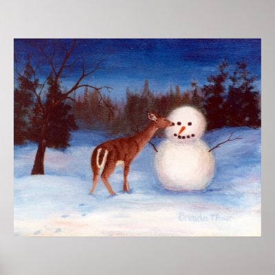 Curiosity Deer and Snowman Poster by bmthour