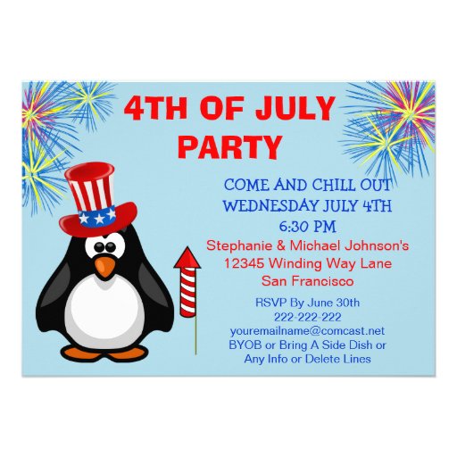 Cute Patriotic Penguin Fireworks 4th of July Party Custom Invitation ...